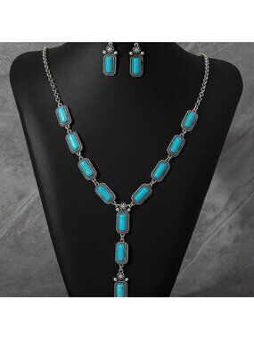 Imitation Turquoise Stone Necklace & Earring Set Boho Silver Tone